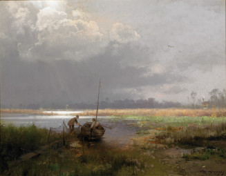 Landscape of Lake Alachua/Alachua Lake (Payne’s Prairie, just south of Gainesville) with two fishermen bringing their sailboat to shore as a storm approaches in the distance.