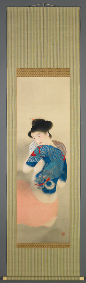 hanging scroll painted in color of woman looking over her shoulder at a large colorful writhing dragon tattoo