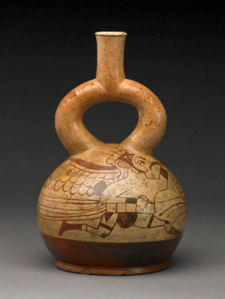 Stirrup spout vessel with spherical body, flat bottom bordered by a small footing ring, stirrup loop attached at top of sphere with tubular spout; buff slip with bottom and lower wall painted red, two figures painted on opposite sides of running men in bird costumes with large wings, beaked masks, wide belt, carrying a bag of beans in outstretched hand; spout from earlier bottle