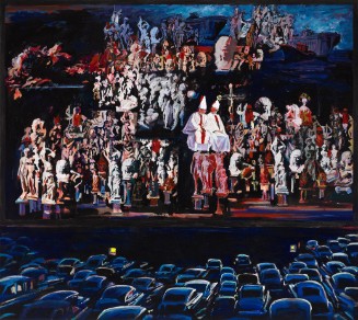 A large painting of a drive-in movie theater with many cars parked, facing the screen, upon which are a multitude of figures and sculptures including two Catholic bishops or popes, a crucifix, many Classical Greek or Roman sculptures, and large ships in the distance.