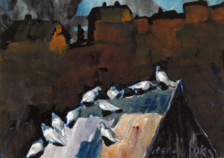 Potsdown, Pennsylvania, foreground is a peaked rooftop covered with white birds, abstract color field in the background formed into a line of rooftops at the horizon near the top of the painting.