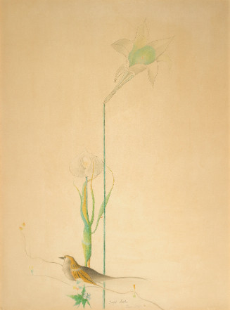 A sparrow perches at the bottom while a lily blooms at the center.