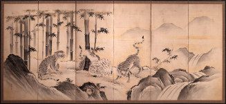 A six-panel folding screen with image of four tigers in a bamboo grove next to a flowing stream.
