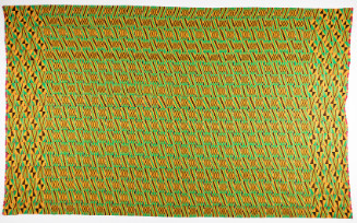 Strip woven cloth with gold, black, green, red and white patterns. Double-woven strips, joined at selvedges by hand-stitching