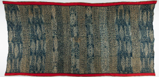 Coarse hand-woven strips, stitch-resist dyed with indigo, hand-sewn at selvedges, hem of red and black factory cloth with orange rickrack edging, machine stitched in woven cloth.