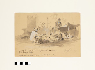 A male figure squats, wearing a brimmed hat and turned away from the viewer. A female figure stands in front of a pot. A child reclines underneath a fabric cover. Behind the figures are cracked architectural forms.