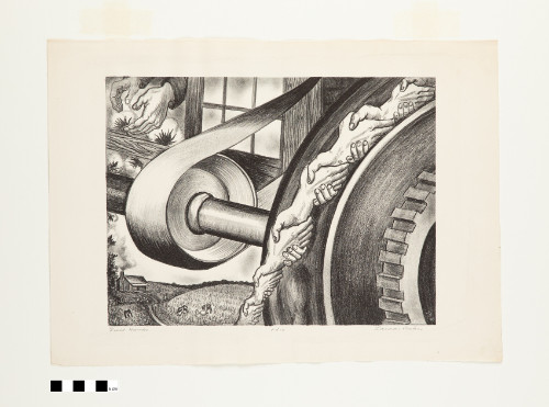 Black and white print of an industrial machine wheel wrapped in a chain of gripping human hands. Large hands pick cotton in the upper left over a rural landscape with a house and small figures working in a field.