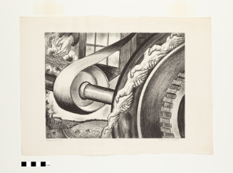 Black and white print of an industrial machine wheel wrapped in a chain of gripping human hands. Large hands pick cotton in the upper left over a rural landscape with a house and small figures working in a field.