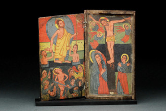 Two gessoed wood panels painted  with scene of crucifixion, St. George, and Christ's  descent into the Underworld. Done in the parallel line style. Green and black.