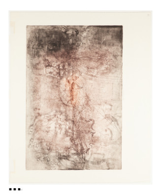 A sepia-toned artwork featuring multiple overlapping, sketched human profiles facing each other from the left and right. A dense, chaotic web of intricate, swirling lines and small circular patterns covers the figures and the space between them.