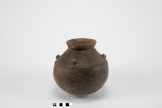 Globular jar with slightly rounded bottom, curving up into gradually rounded wall, angle break at 2/3 height with wall sloping inwards to raised rim with outward slope.  grey ware with black slip, 4 nubbins attached to wall just above angle break in quadrants, opposites paired with one set a round nub with raised lateral crest ridge and slit at 1/2 height, other set is cylindrical  numb ridges angled downward off sides.