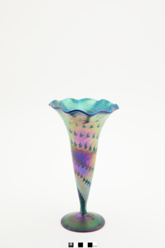 Favrile glass vase with floriform shape and pulled feather decoration of blue, green, pink and yellow