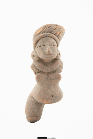 standing female with rounded naturalistic features, round belly, large earspools and headdress, heavy collar, limbs missing except right leg.