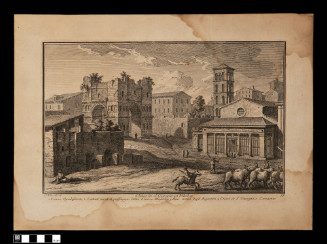 A view of St. Giorgio with a horse back rider herding cattle in the street. Buildings are seen near and far. People walking about.