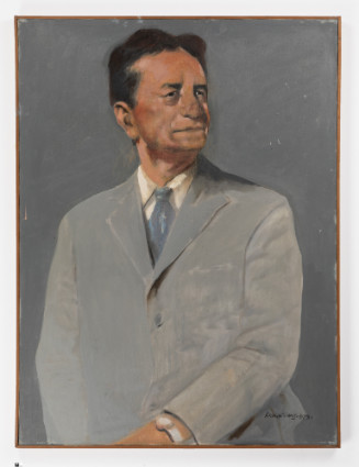 Portrait painting of a man against a dark gray background. He has dark hair, tanned skin, and looks towards the right. He wears a light gray suit jacket, white shirt, and blue tie. A watch is visible on his left wrist.
