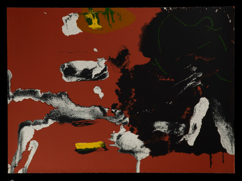Print with abstract forms on a deep red background. A large, textured black mass covers the right side. Irregular, jagged white shapes streak horizontally across the left. Small accents include a brown oval, thin green lines, and a yellow dash.
