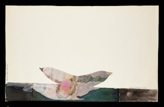 Drawing with a horizontal band of dark green and black strokes along the bottom edge and a central, abstract, banana shape painted in soft washes of pink, grey, and white.