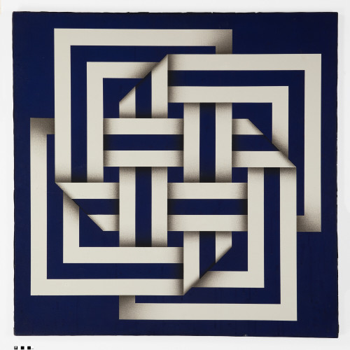 Abstract geometric painting with a special focus on optical illusion. Blue and white bands thread in and out of each other.