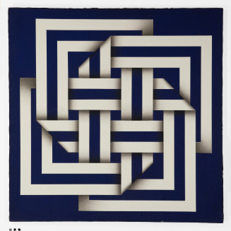 Abstract geometric painting with a special focus on optical illusion. Blue and white bands thread in and out of each other.