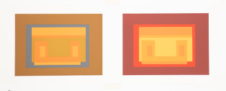 Geometric shapes of orange, red, and gray.