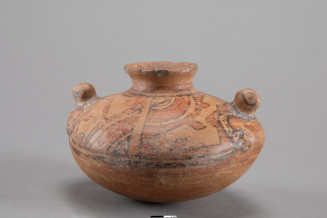 Small globular jar with broad rounded bottom, rounding up into wall, curving inward a low slope on upper half to narrow mouth with raised flared ring.  Two animal figures, on opposite sides with raised chest area, small nubbins for hands, and spherical attached hands slightly pinched for nose. 