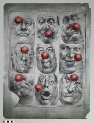 A monochrome print featuring a 3x3 grid of men's faces with exaggerated, distorted expressions. Each portrait includes a bright red sphere clown nose in a different location, such as on the nose, forehead, cheek, or in the mouth.