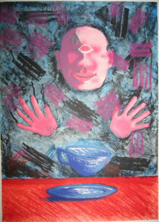 A one-eyed head and two hands float around a teacup floating above a plate that rests on a red table.