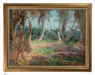 A gold-framed painting of a sunlit palm grove. Dried brown fronds drape over the grassy foreground, with tall, curved palm tree trunks set against a pale blue sky.