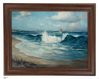 A brown-framed painting of a seascape. A large blue wave crashes onto a sandy beach. Three small boats are visible on the distant horizon under a cloudy blue sky.