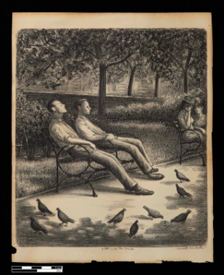 Two men are seated on a bench in a park; nine pigeons are on the path in front of the bench; two women wearing hats are seated on another bench to the right; the background includes trees and bushes