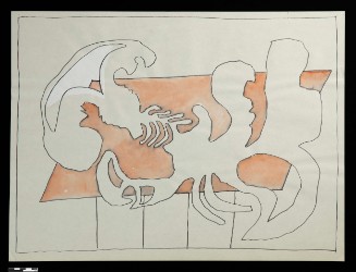 Still-life table with lobsters; highly abstracted white shapes outlined in black and set against a brown parallelogram shape