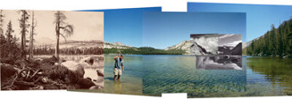 Four Views from four times and one shoreline, Lake Tenaya, 2002 Left to Right: Eadweard Muybridge, 1872, Ansel Adams, 1942, Edward Weston, 1937. Back panels: Swatting high-country mosquitoes, 2002